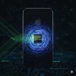 Apple logo over digital circuit background