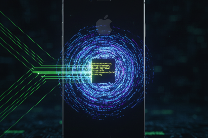 Apple logo over digital circuit background