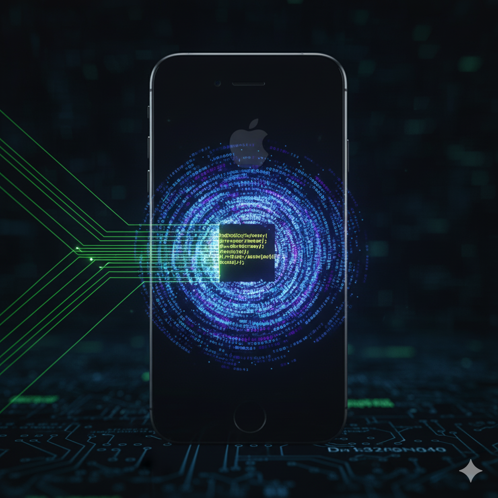 Apple logo over digital circuit background