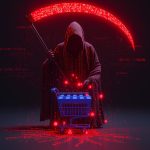 Cyber-attacker silhouette against web code analyzing Adobe Commerce session exploit
