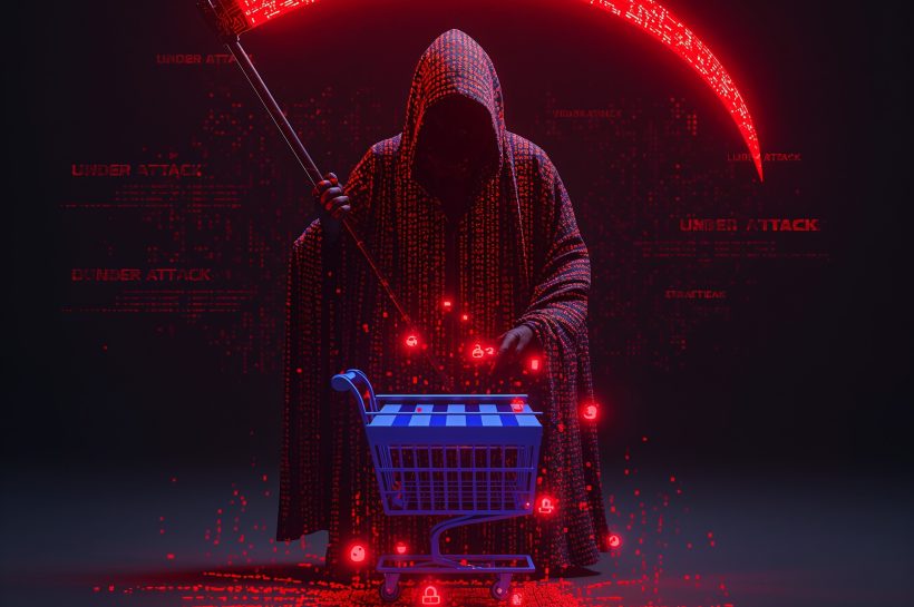 Cyber-attacker silhouette against web code analyzing Adobe Commerce session exploit