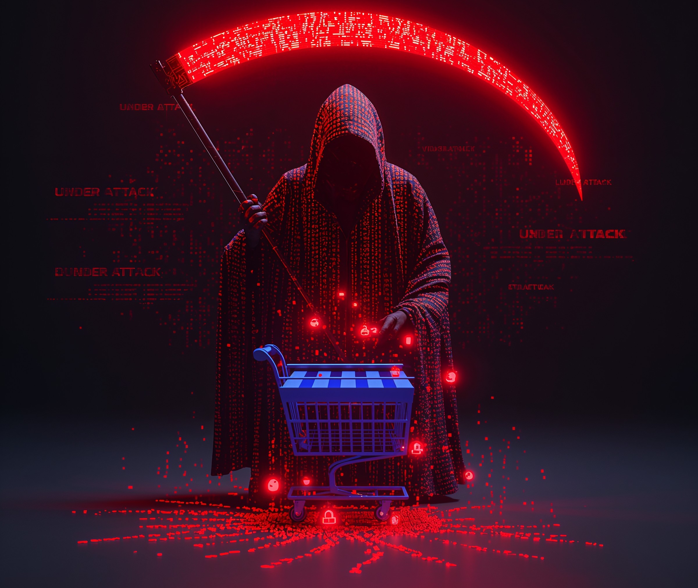 Cyber-attacker silhouette against web code analyzing Adobe Commerce session exploit