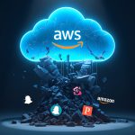 AWS data-centre racks and network cables lit by red warning lights