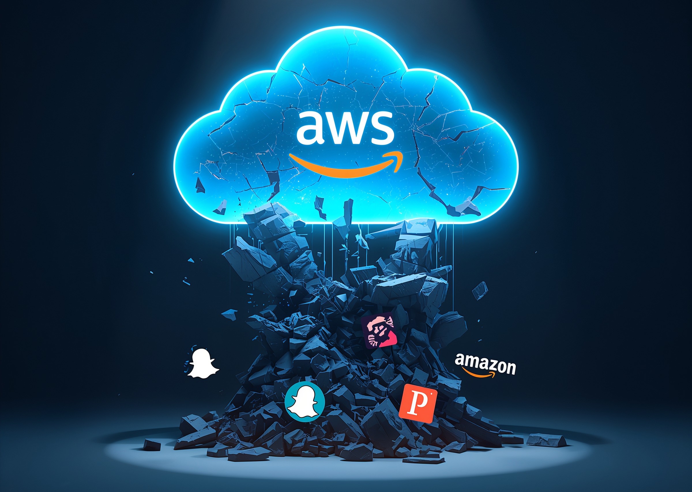 AWS data-centre racks and network cables lit by red warning lights