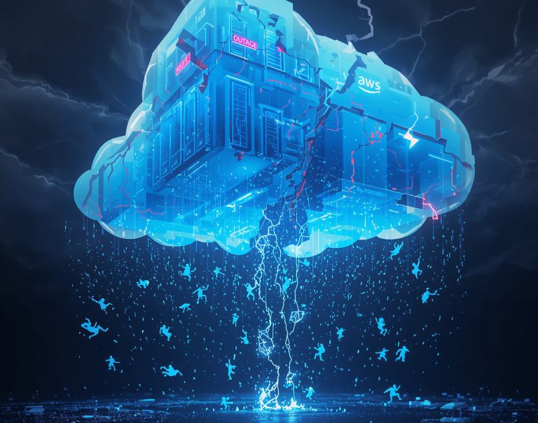 Amazon Web Services data-centre engineer standing before server racks after a major outage