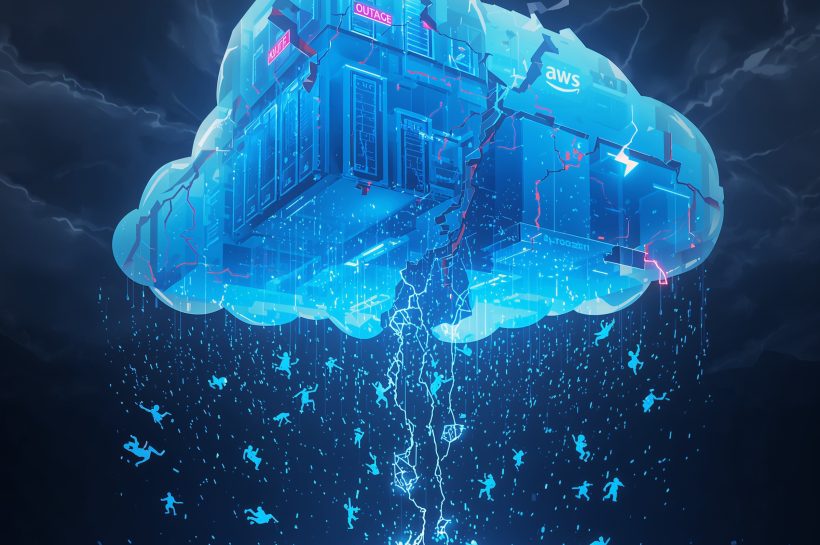 Amazon Web Services data-centre engineer standing before server racks after a major outage