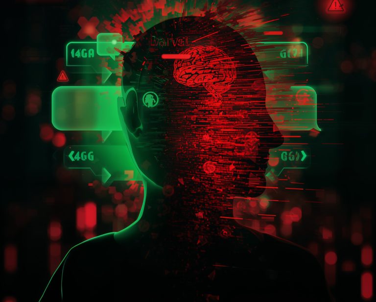 Calm night screen with chat window, safety prompt visible, and subtle warning icon, illustrating crisis-aware AI conversation boundaries
