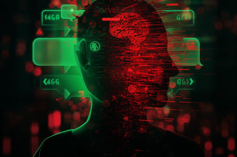 Calm night screen with chat window, safety prompt visible, and subtle warning icon, illustrating crisis-aware AI conversation boundaries