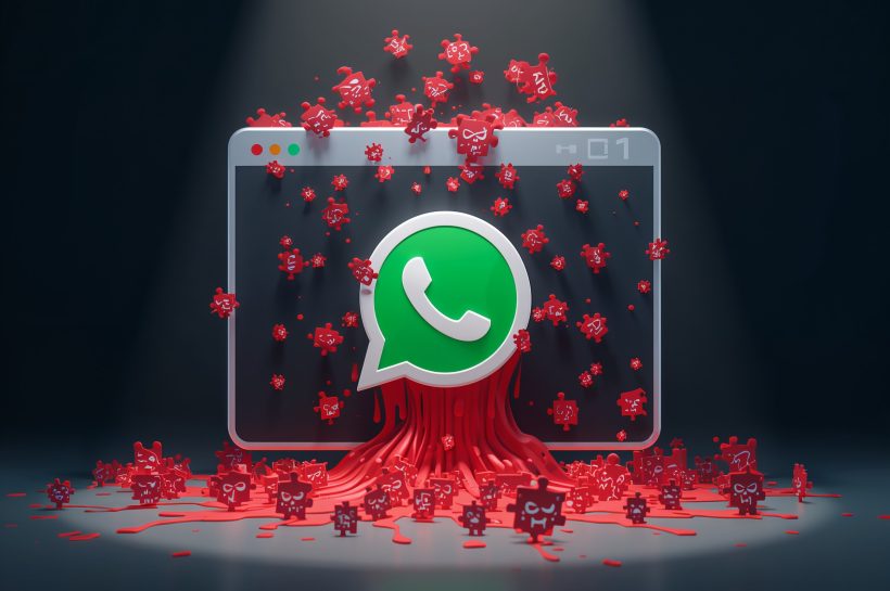 Custom graphic showing Chrome browser extensions being used to hijack WhatsApp Web interface