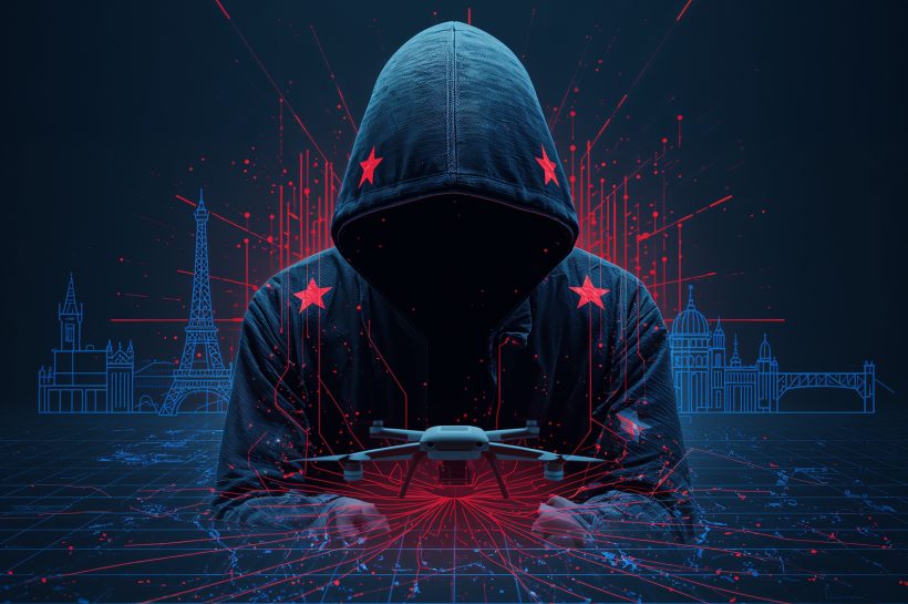 Engineer reviewing unmanned aerial vehicle in European drone facility under cyber-attack warning