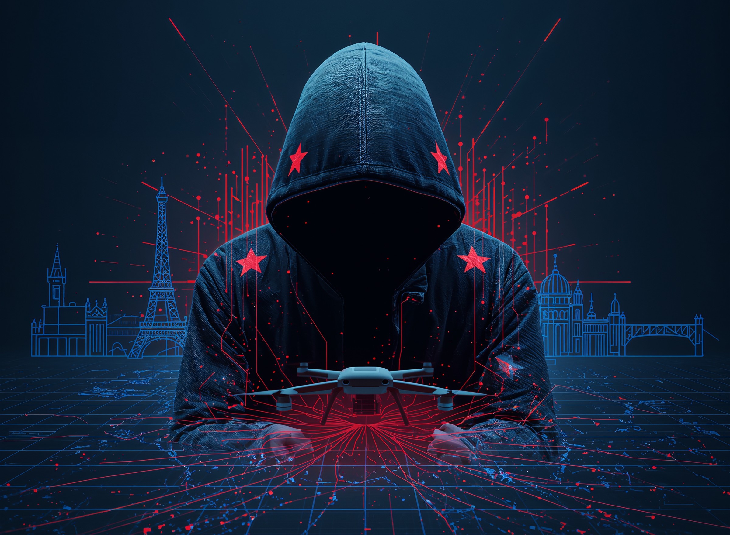 Engineer reviewing unmanned aerial vehicle in European drone facility under cyber-attack warning