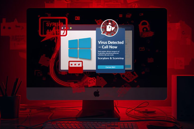 tech support scam impersonating Microsoft logo with fake browser lock overlay