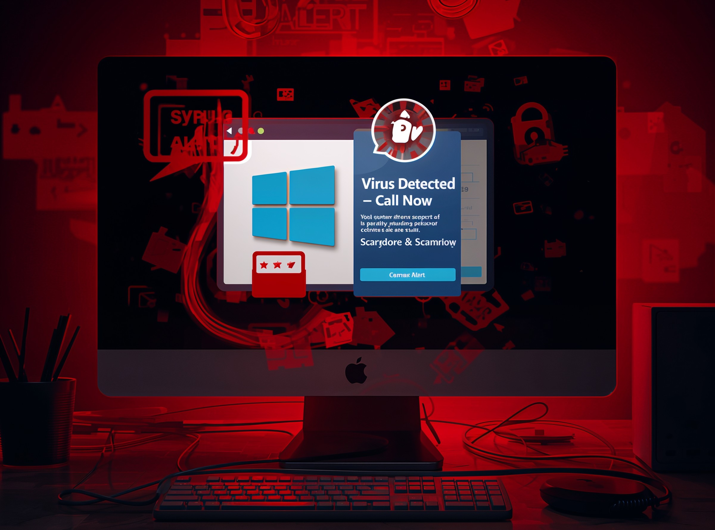 tech support scam impersonating Microsoft logo with fake browser lock overlay