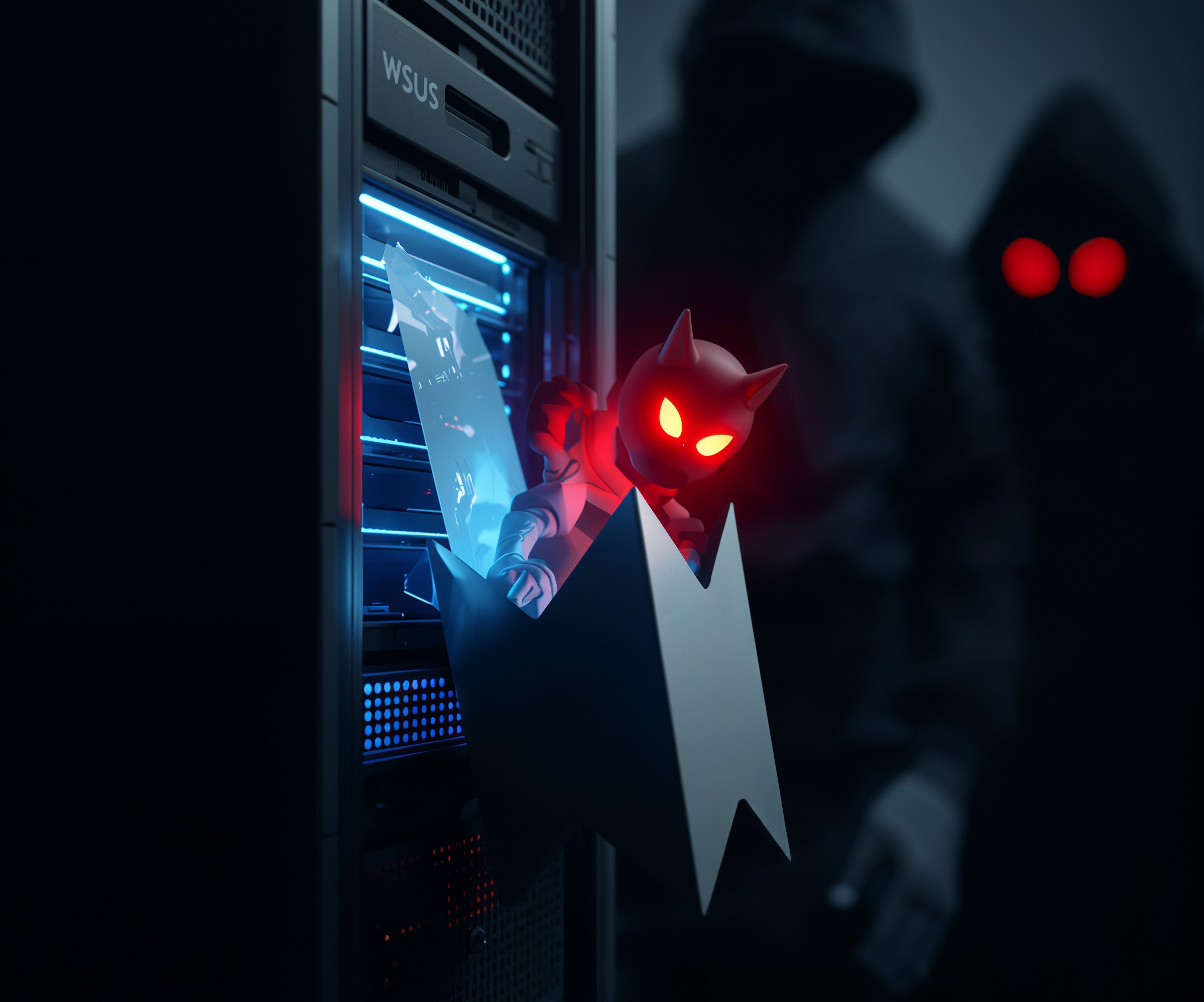 Conceptual view of a Windows Server Update Services (WSUS) management console and update server infrastructure used to illustrate CVE-2025-59287 risks