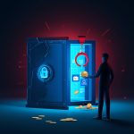 Senior cyber-weapons division executive working late, silhouetted by laptop code overlay