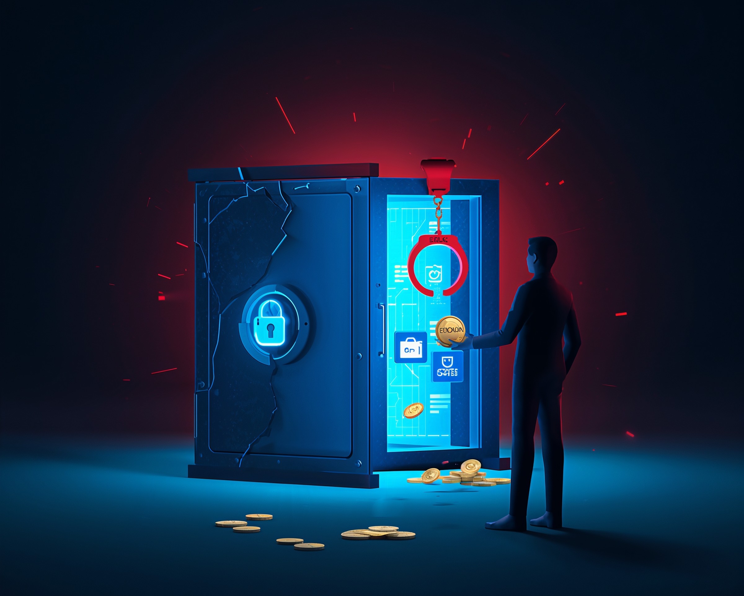 Senior cyber-weapons division executive working late, silhouetted by laptop code overlay