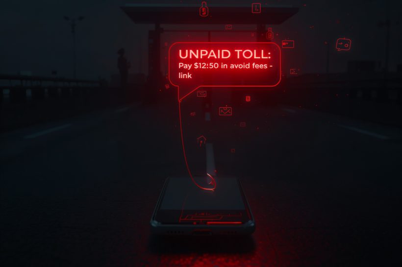 smartphone screen showing “Unpaid Toll Notice” and red alert icon
