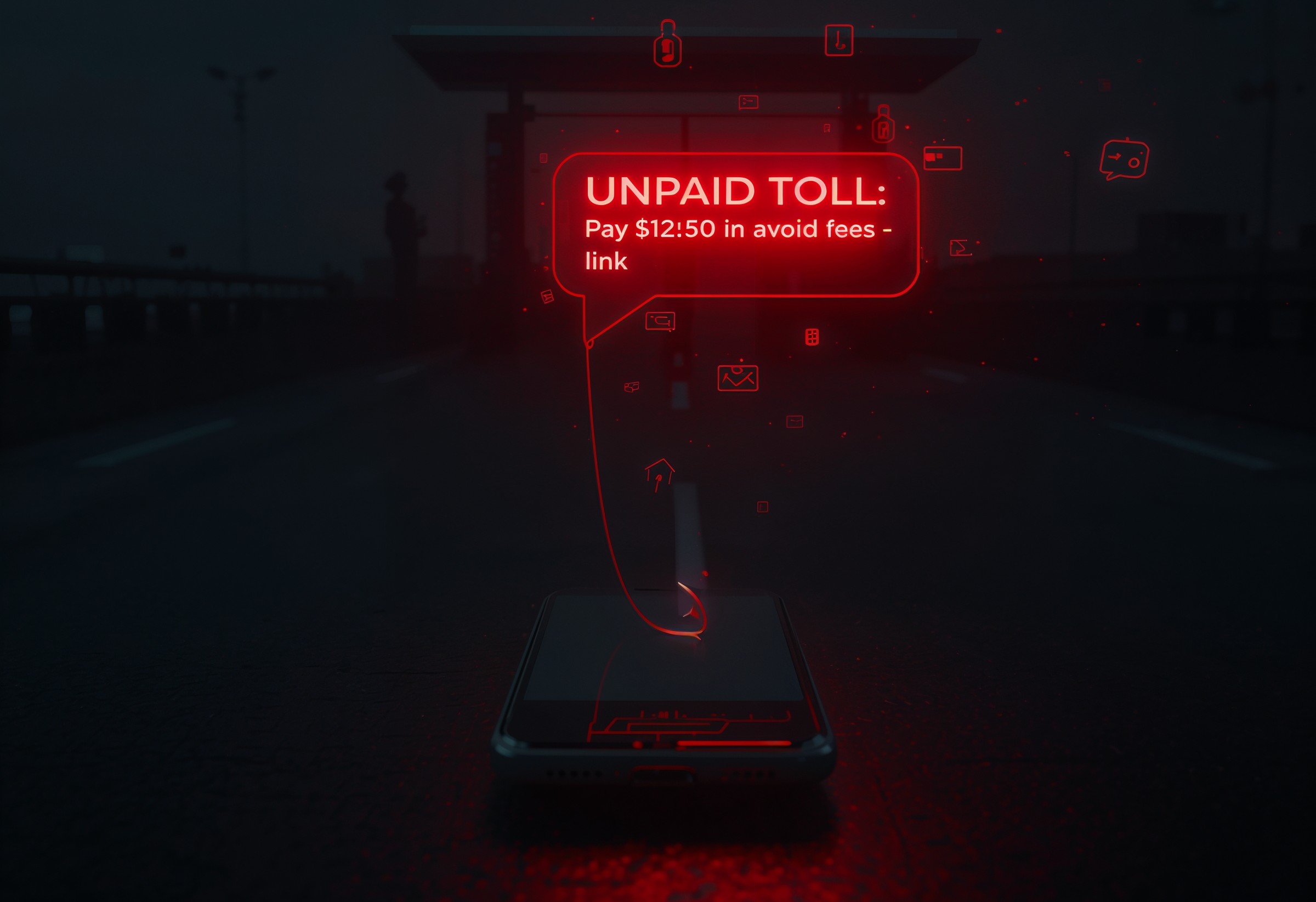 smartphone screen showing “Unpaid Toll Notice” and red alert icon
