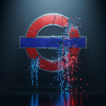 Two silhouetted teenagers in front of a glowing Transport for London roundel and code-covered background, symbolising the TfL cyberattack case.