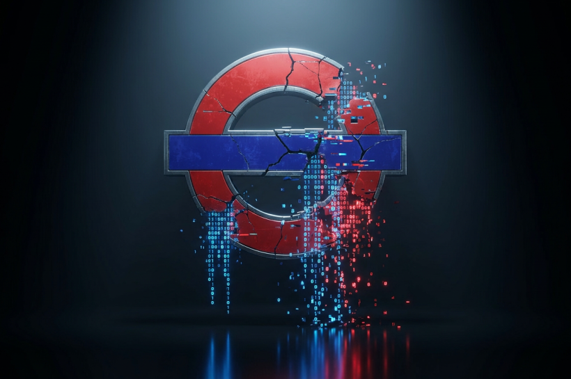Two silhouetted teenagers in front of a glowing Transport for London roundel and code-covered background, symbolising the TfL cyberattack case.