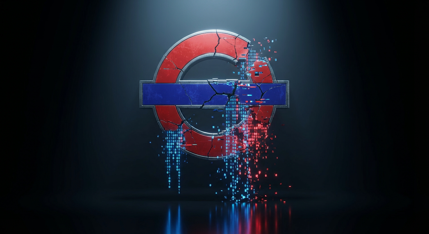 Two silhouetted teenagers in front of a glowing Transport for London roundel and code-covered background, symbolising the TfL cyberattack case.