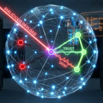 A conceptual visualization of network cognitive dissonance, where a compromised node sends conflicting trust and deny signals, causing some nodes to incorrectly trust it while others correctly identify the threat.