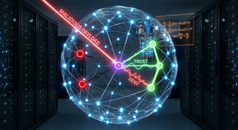 A conceptual visualization of network cognitive dissonance, where a compromised node sends conflicting trust and deny signals, causing some nodes to incorrectly trust it while others correctly identify the threat.