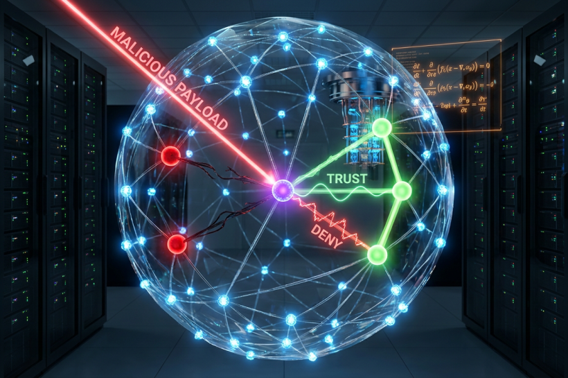 A conceptual visualization of network cognitive dissonance, where a compromised node sends conflicting trust and deny signals, causing some nodes to incorrectly trust it while others correctly identify the threat.