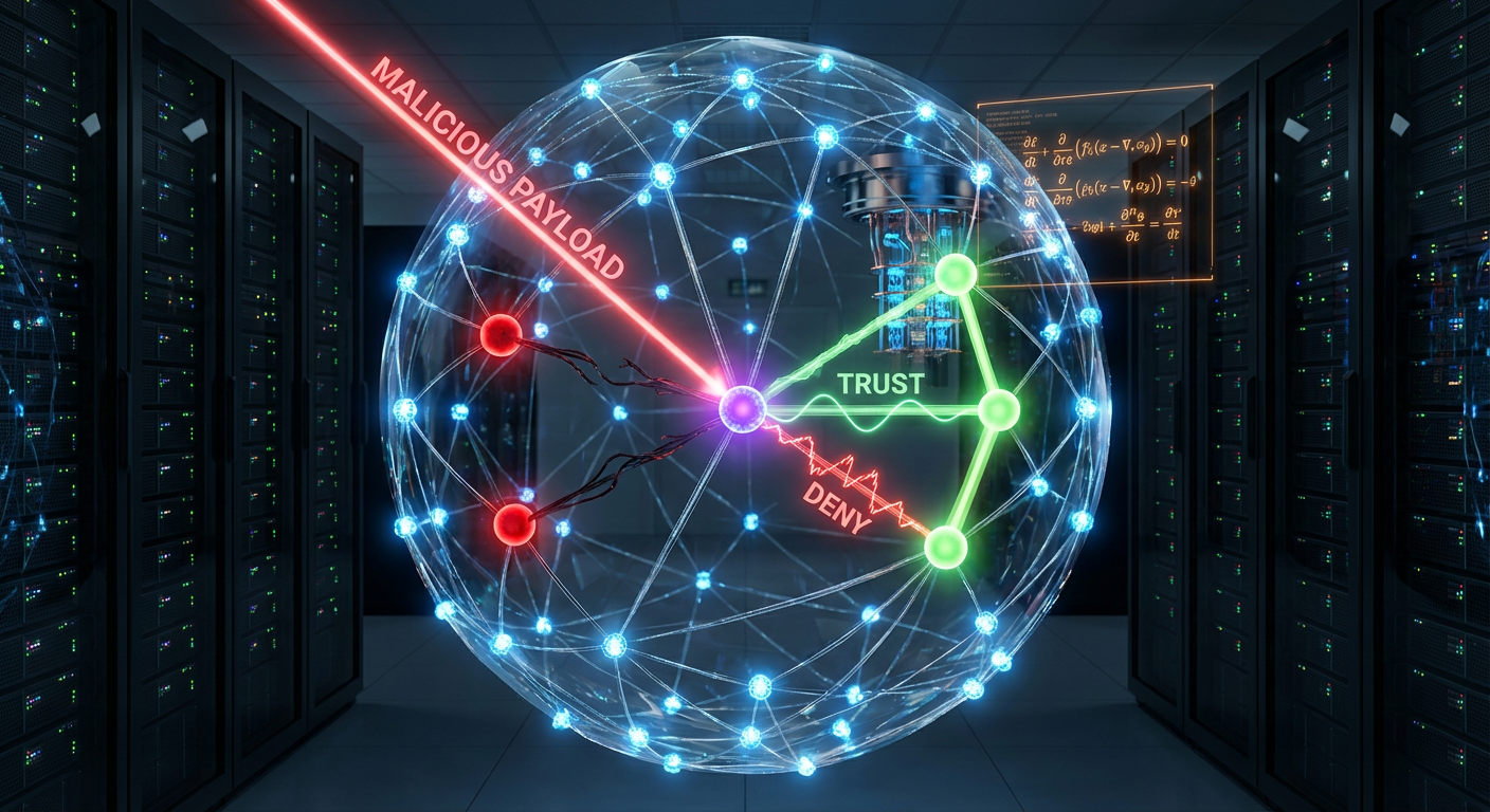 A conceptual visualization of network cognitive dissonance, where a compromised node sends conflicting trust and deny signals, causing some nodes to incorrectly trust it while others correctly identify the threat.