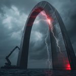 Illustration of U.S. telecom towers and network routes overlaid with a Chinese digital flag motif and an FCC seal fading in the background, symbolizing the rollback of ISP cybersecurity rules amid China-linked espionage threats