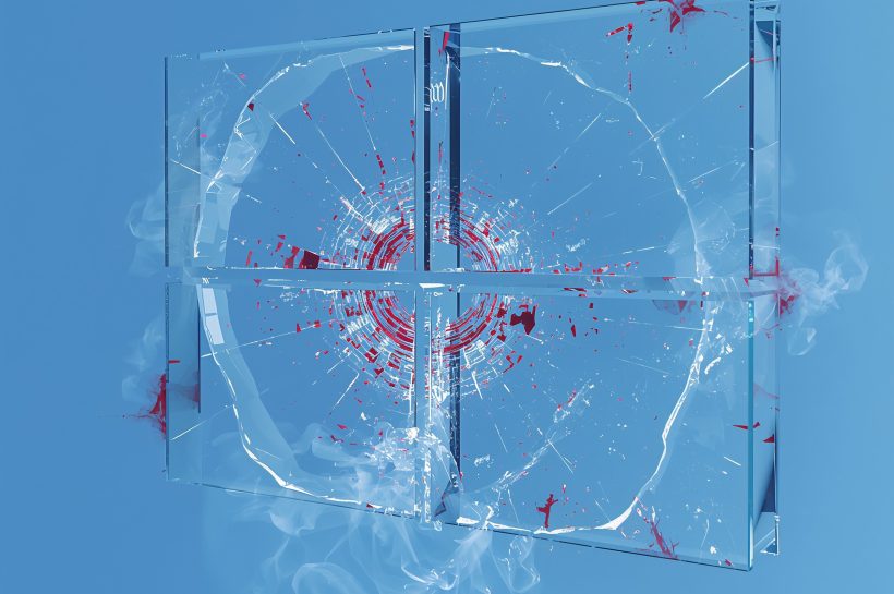 Windows 11 24H2 desktop with a blank taskbar and unresponsive Start menu illustrating KB5062553 breaking core shell features.