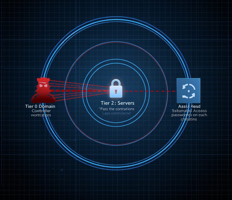 A diagram showing how LAPS and AD Tiering stop a Pass-the-Hash attack. The attack is blocked both laterally between workstations by LAPS and vertically between tiers by the tiering model