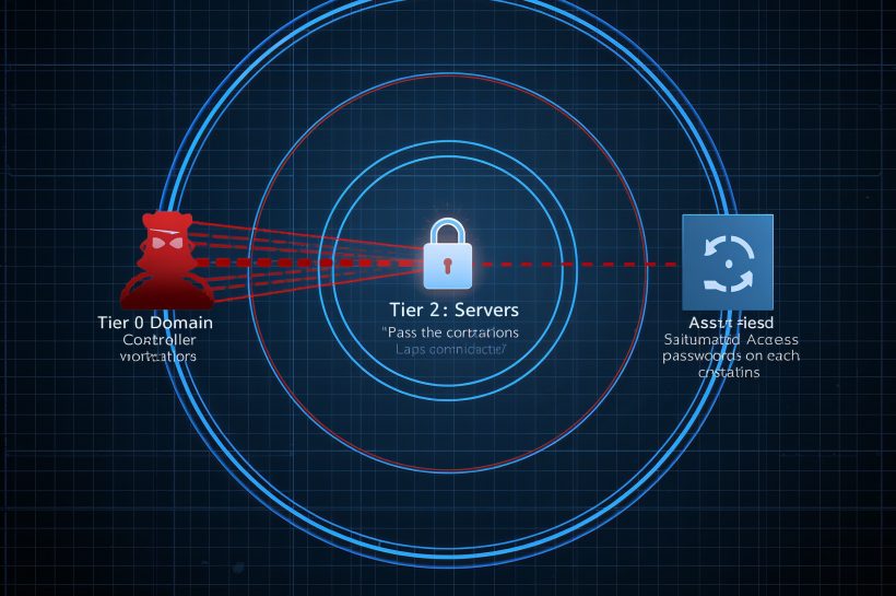 A diagram showing how LAPS and AD Tiering stop a Pass-the-Hash attack. The attack is blocked both laterally between workstations by LAPS and vertically between tiers by the tiering model