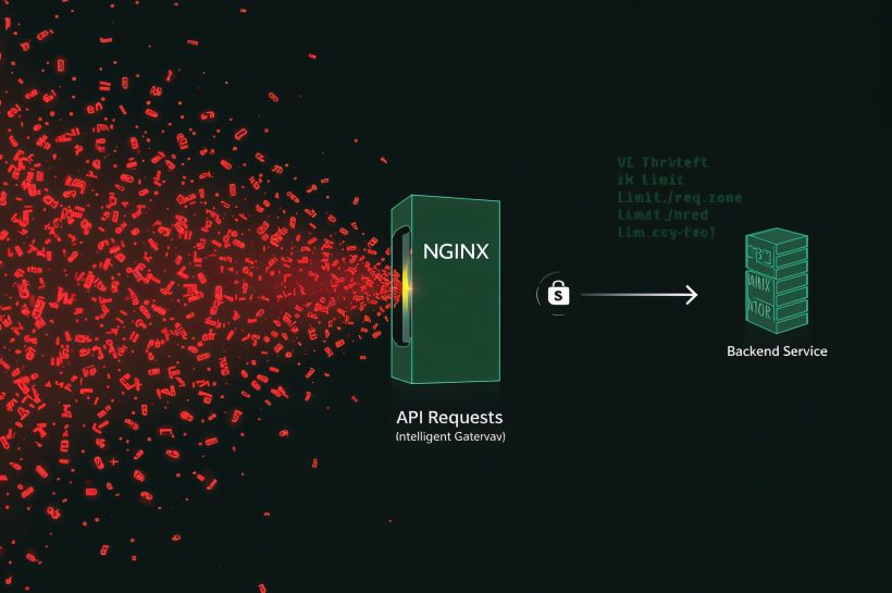 An architectural diagram showing an NGINX gateway performing API rate limiting, throttling a flood of abusive requests while allowing a steady stream to reach the backend service