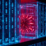 Custom illustration showing a hacker silhouette controlling cloud-service icons (OneDrive, Yandex Cloud) overlaying an IT supply chain network diagram.