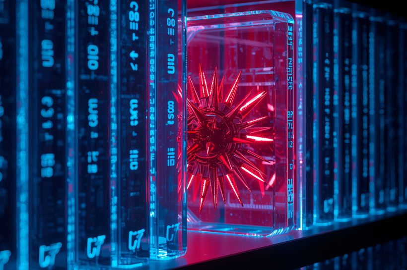 Custom illustration showing a hacker silhouette controlling cloud-service icons (OneDrive, Yandex Cloud) overlaying an IT supply chain network diagram.