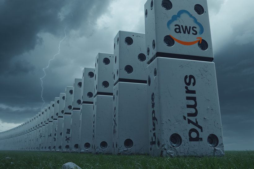Three interconnected cloud icons labelled as major providers feeding into a central “internet” node, with a broken configuration symbol triggering warning triangles