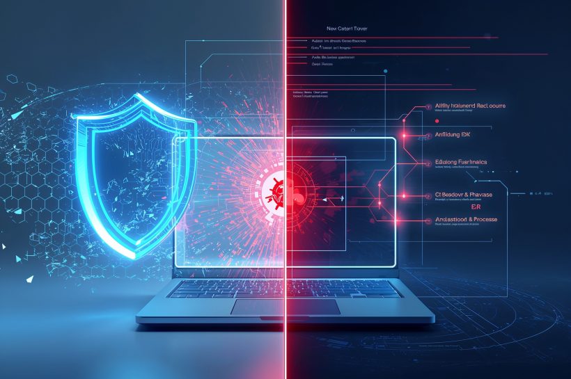 A split-screen comparison showing NGAV as a shield blocking a threat, and EDR as a tool investigating a threat that is already inside a computer system, illustrating the difference for small businesses