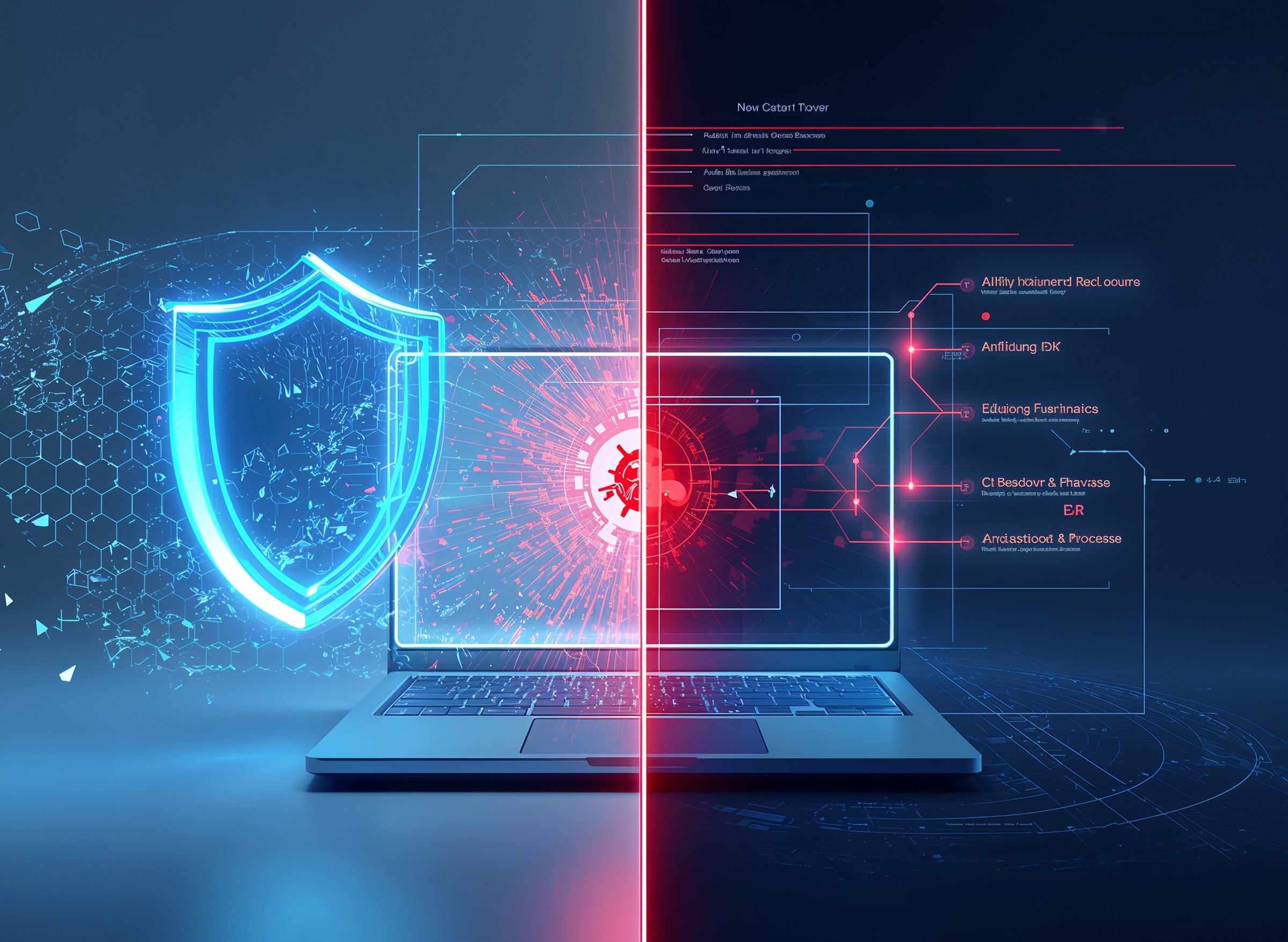 A split-screen comparison showing NGAV as a shield blocking a threat, and EDR as a tool investigating a threat that is already inside a computer system, illustrating the difference for small businesses