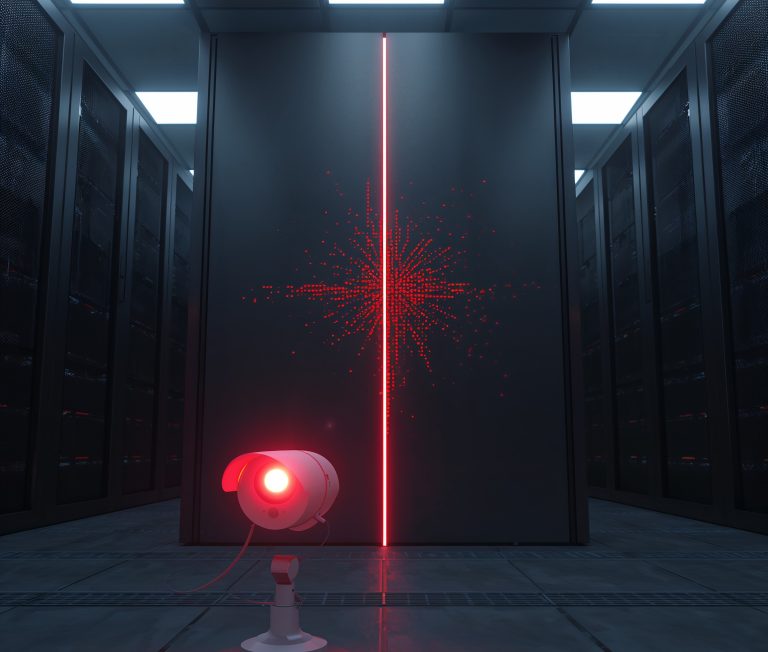 Concept image of a cloud-managed firewall controlling multiple IoT devices while an attacker silhouette taps into the cloud control channel