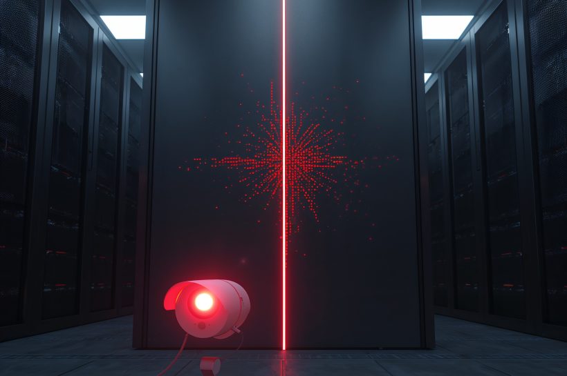 Concept image of a cloud-managed firewall controlling multiple IoT devices while an attacker silhouette taps into the cloud control channel