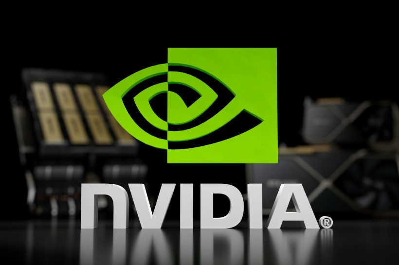 NVIDIA Blackwell accelerator concept with a compliance banner and a crossed-out China map silhouette