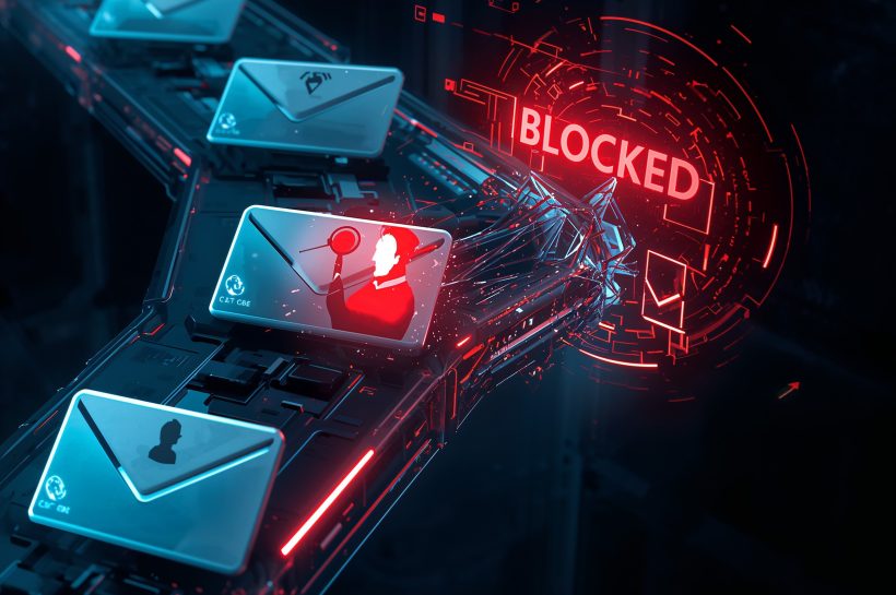 A conceptual image of a Microsoft 365 firewall blocking a malicious red email representing a BEC attack, while allowing safe emails to pass through, symbolizing effective security rules