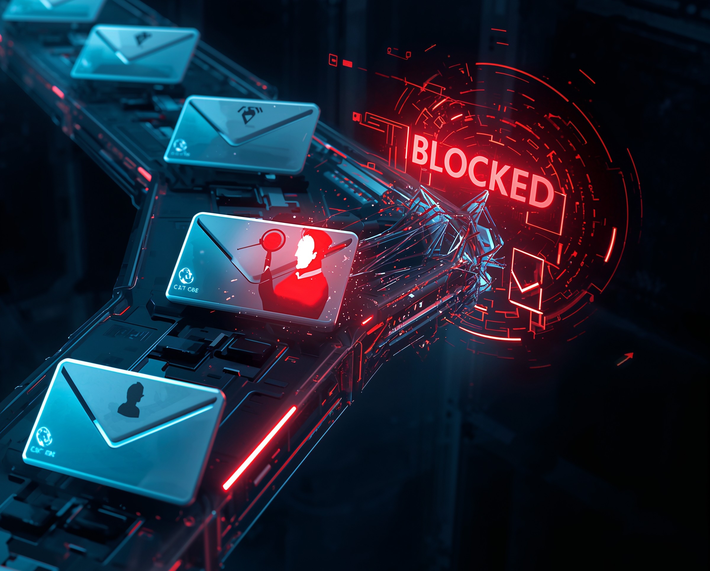 A conceptual image of a Microsoft 365 firewall blocking a malicious red email representing a BEC attack, while allowing safe emails to pass through, symbolizing effective security rules