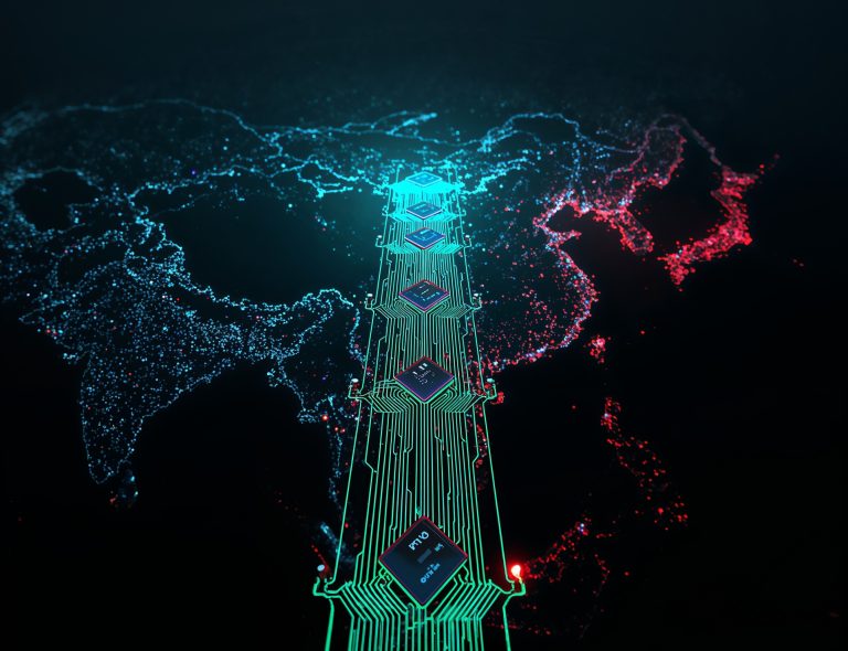 Stylised image of an Nvidia GPU card overlaid on a split US–China flag, with circuit traces connecting data centers on both sides.