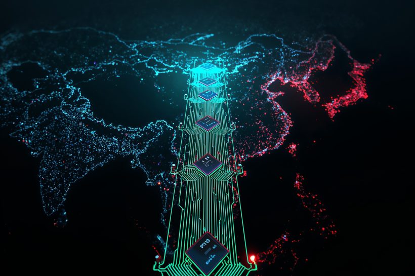 Stylised image of an Nvidia GPU card overlaid on a split US–China flag, with circuit traces connecting data centers on both sides.
