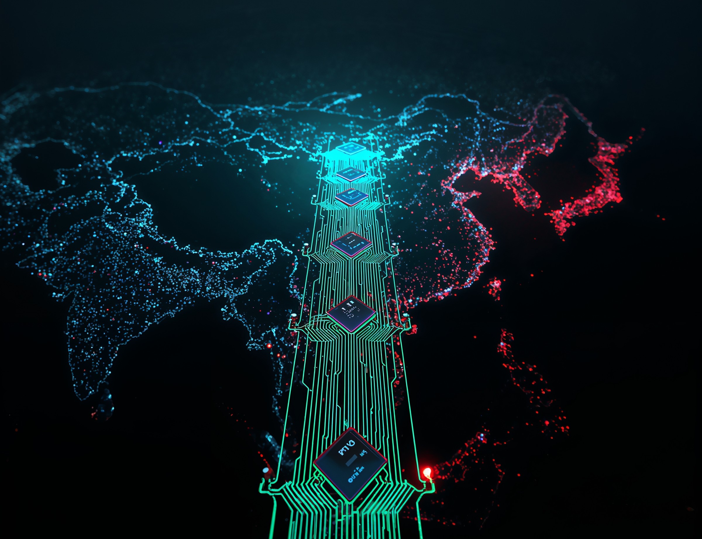 Stylised image of an Nvidia GPU card overlaid on a split US–China flag, with circuit traces connecting data centers on both sides.