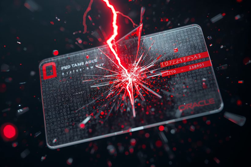 Custom illustration showing Oracle Identity Manager servers at the center of an enterprise identity map, with CVE-2025-61757 highlighted as an active remote code execution path.