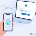 A smartphone using a fingerprint to generate a passkey and securely log into a WordPress website on a laptop, illustrating a simple, passwordless login process