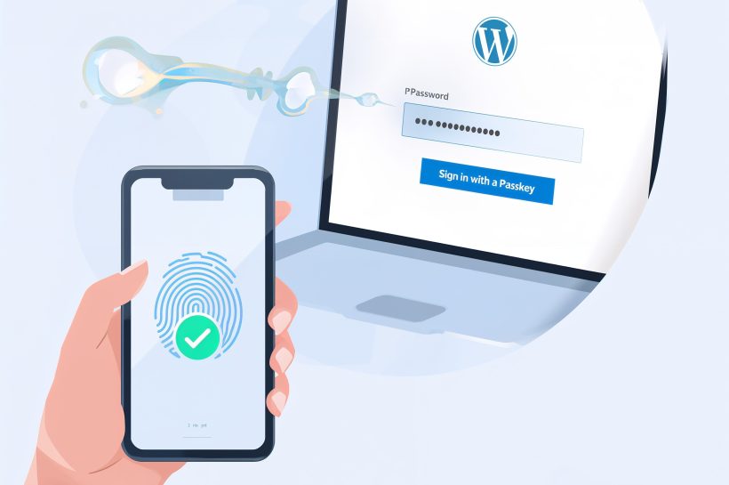 A smartphone using a fingerprint to generate a passkey and securely log into a WordPress website on a laptop, illustrating a simple, passwordless login process